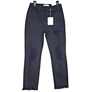 KanCan Straight Fit Jeans Womens Size 9/28 Black Distress Chewed Hem Stretch NEW